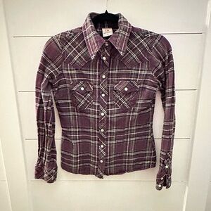 TRUE RELIGION XS snap button purple plaid woman fleece western cowgirl casual